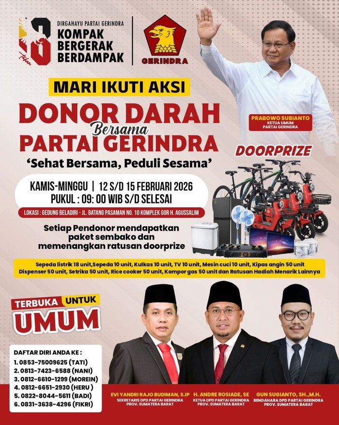 Gerindra Sumbar Dorong Solidaritas dengan Donor Darah, Andre Rosiade Berambisi Besar